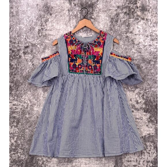 Stella McCartney Dress 2 Womens Blue Striped Embroidered Cold Shoulder Mini - Picture 1 of 8